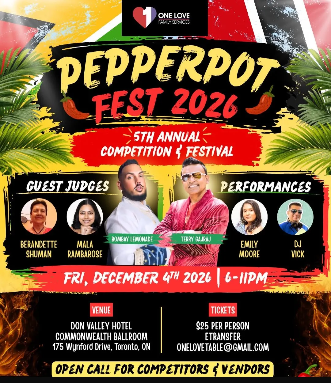 Pepperpot Fest 2026 flyer: 5th Annual Competition & Festival, Friday December 4 2026, 6–11 PM, Don Valley Hotel Commonwealth Ballroom. Guest judges Bernadette Shuman and Mala Rambarose; performances by Bombay Lemonade, Terry Gajraj, Emily Moore and DJ Vick. Tickets $25 per person.
